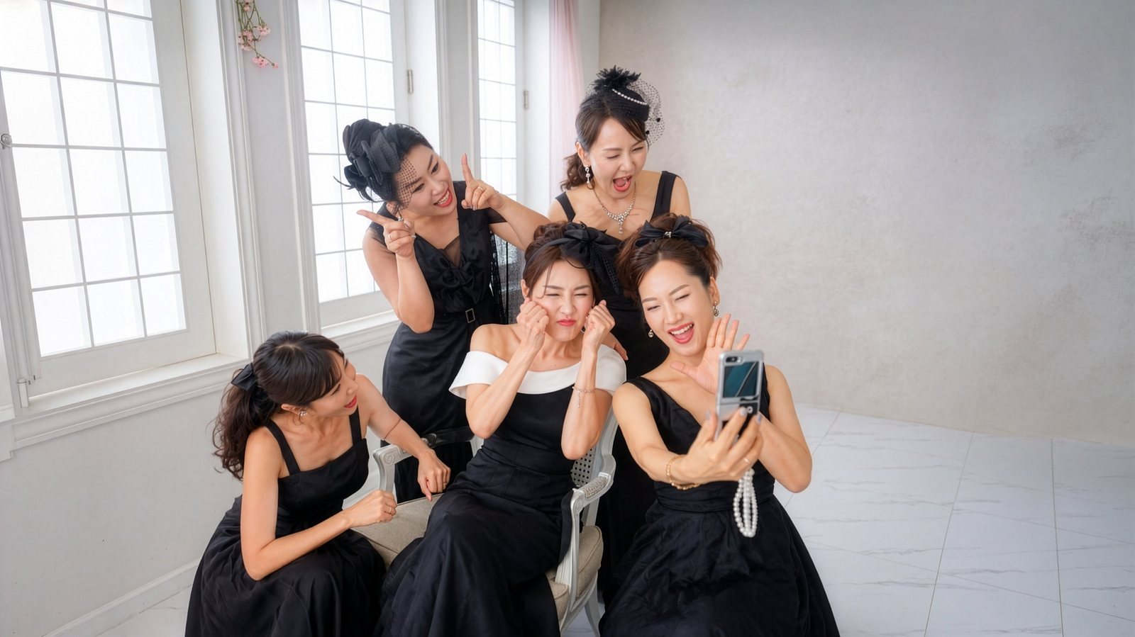 창가 빛으로 찍은 검정 드레스 모임사진 — 김스튜디오