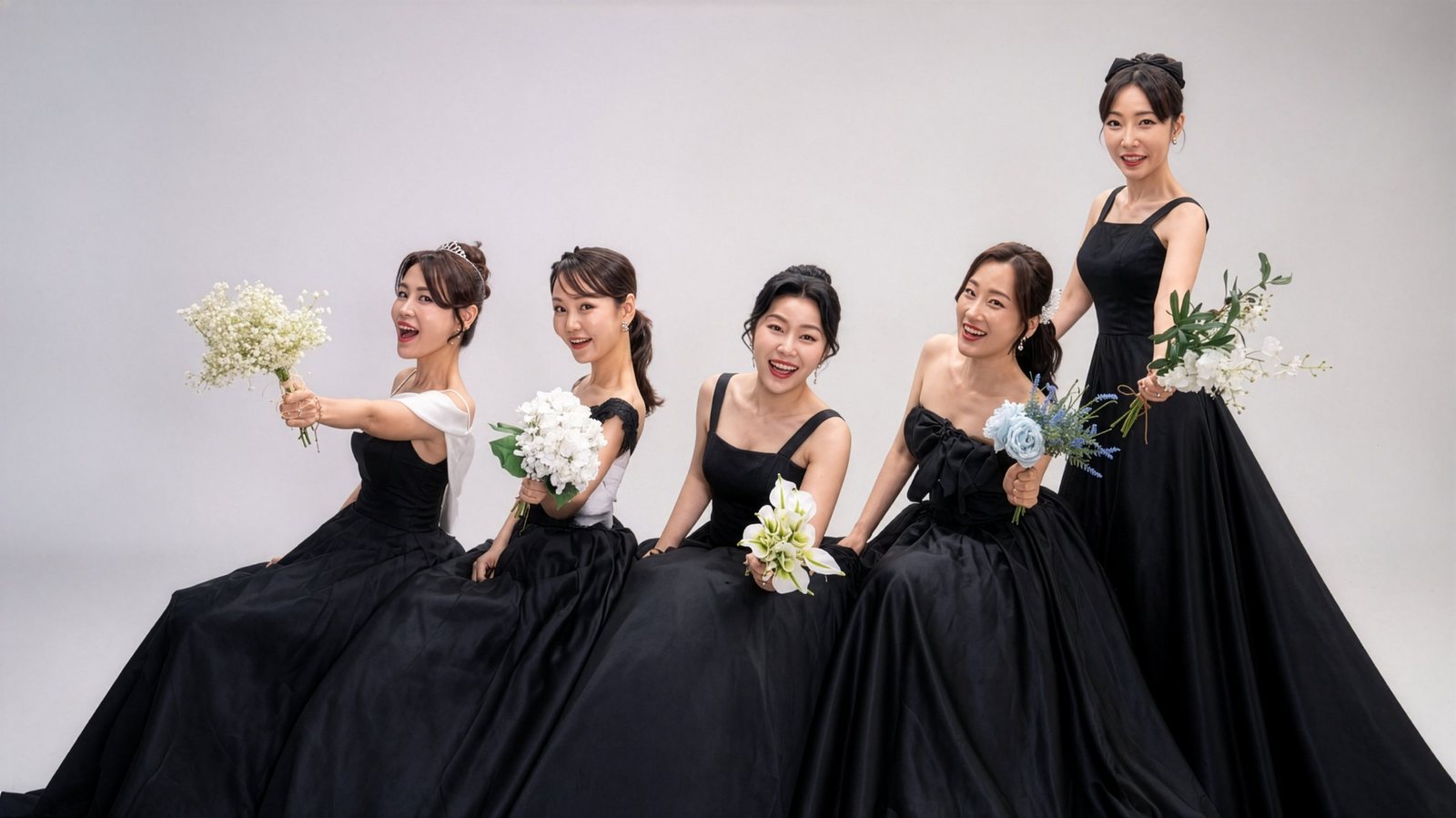 검정 드레스를 입고 꽃을 든 모임사진 — 김스튜디오