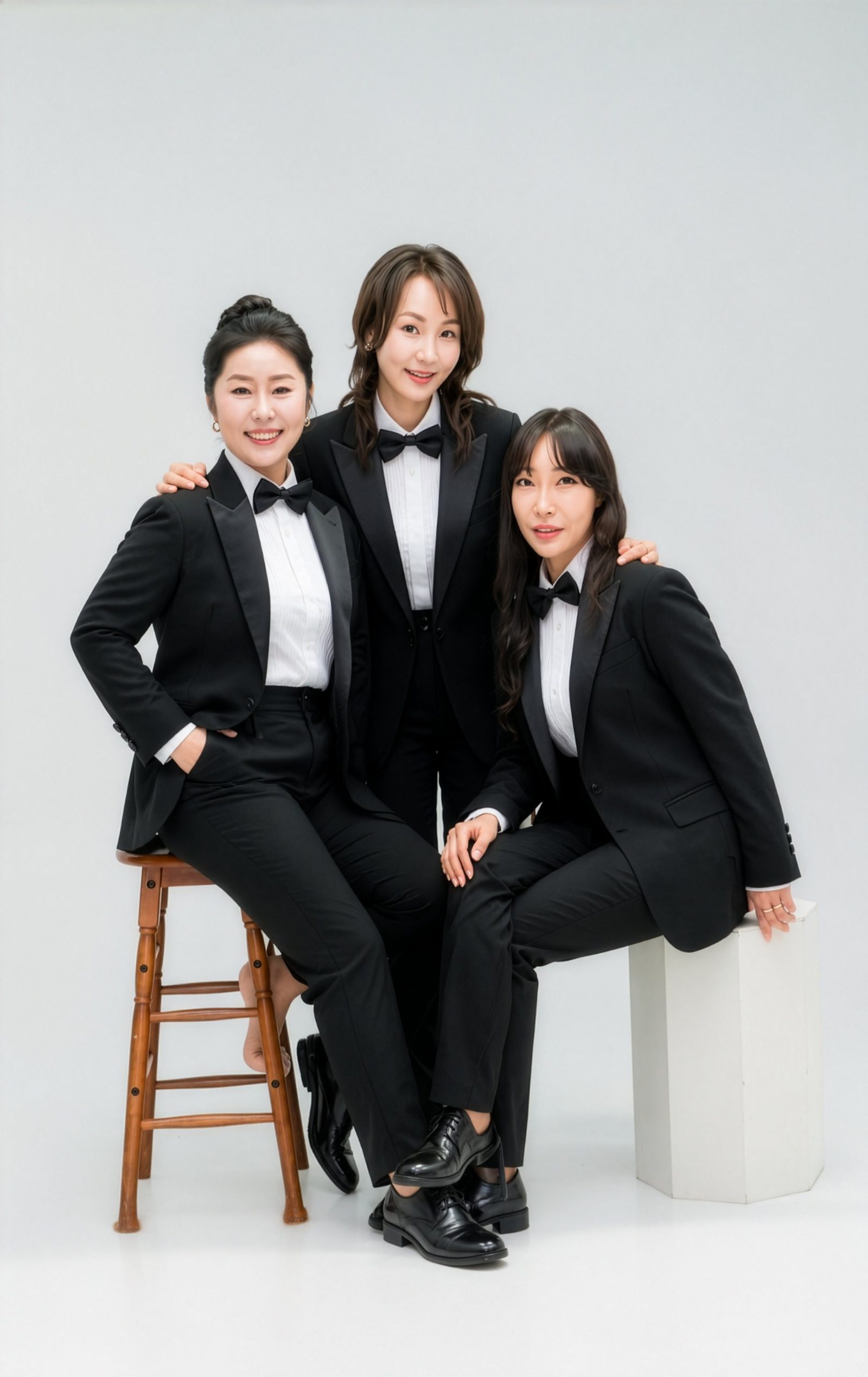 턱시도로 갈아입고 의자에 걸터앉은 컷 — 김스튜디오