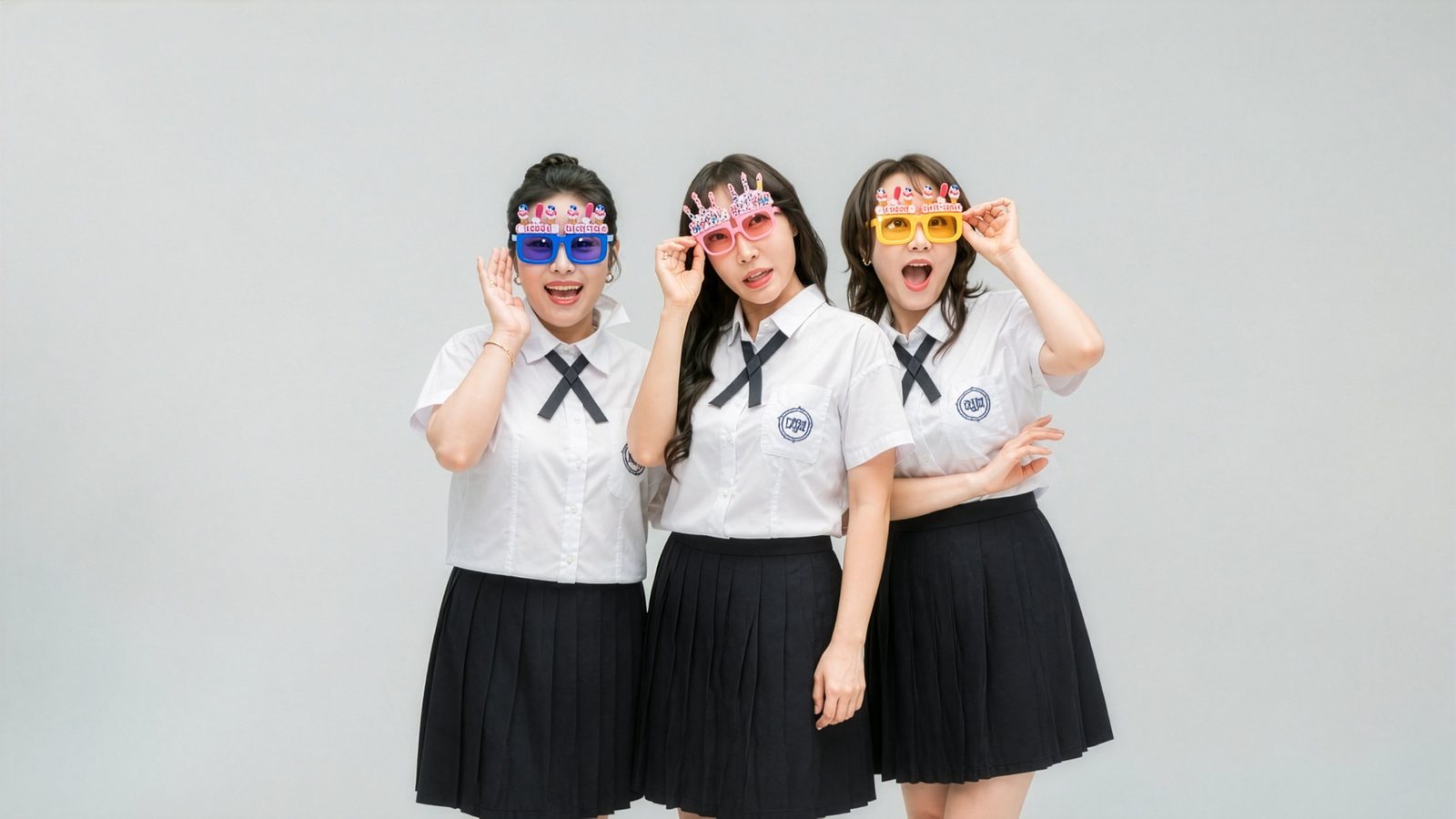 알록달록한 선글라스를 나눠 쓴 장난스러운 컷 — 김스튜디오