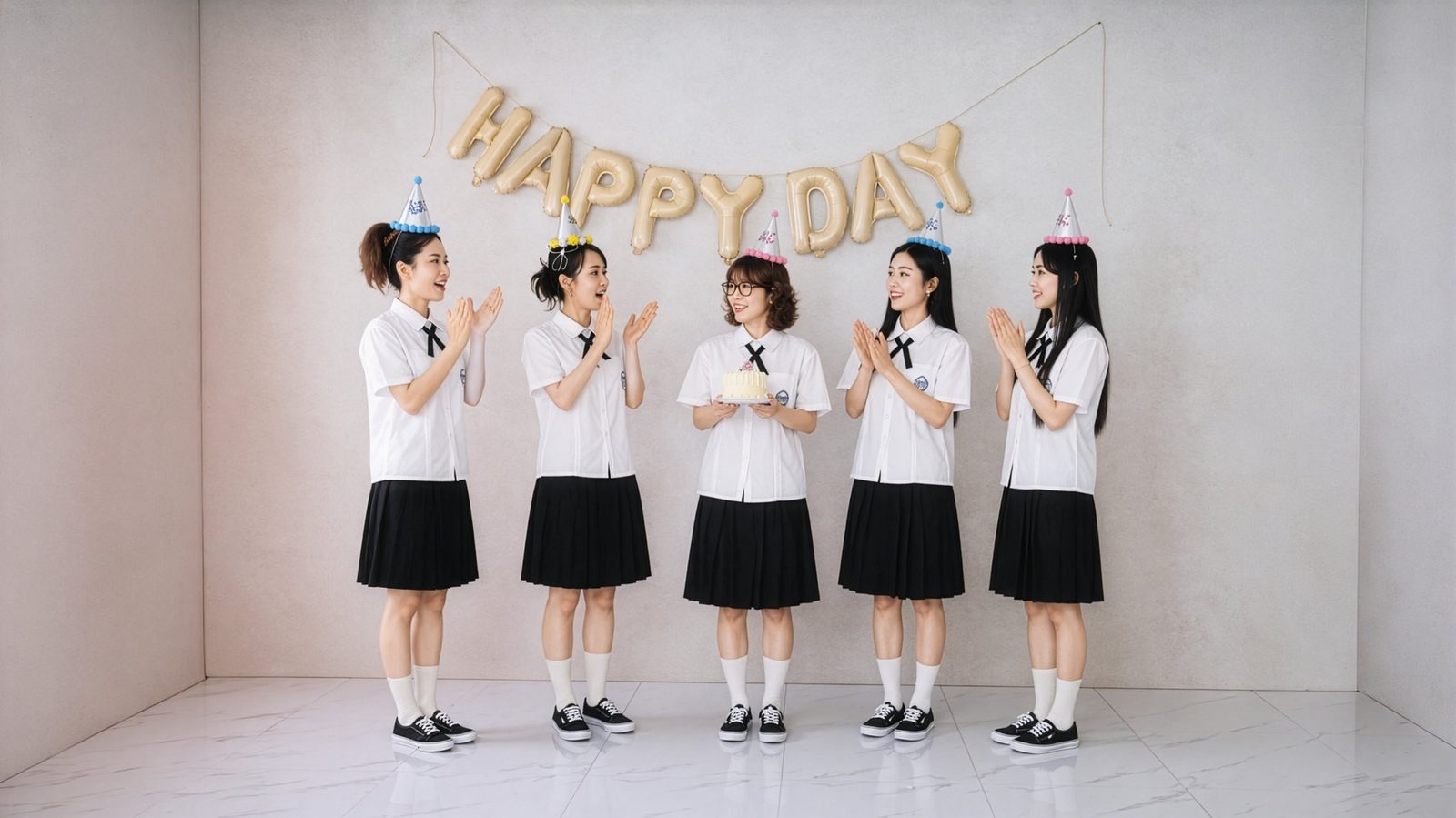 HAPPY DAY 가랜드 아래에서 케이크를 든 컷 — 김스튜디오