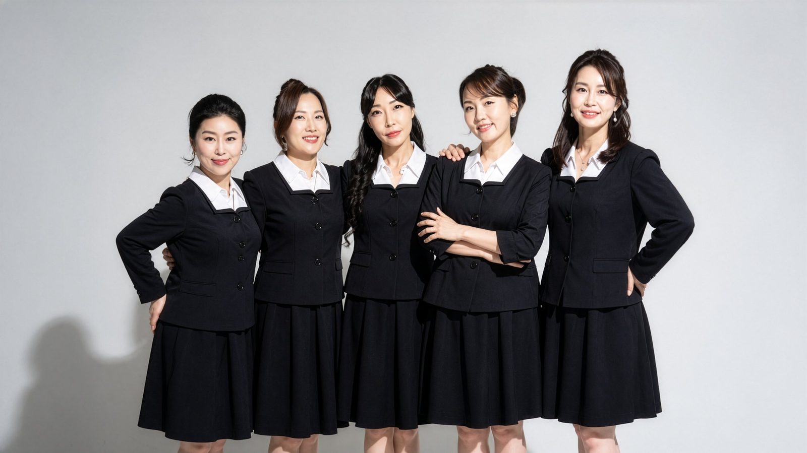 검정 재킷 교복으로 나란히 선 단체 컷 — 김스튜디오