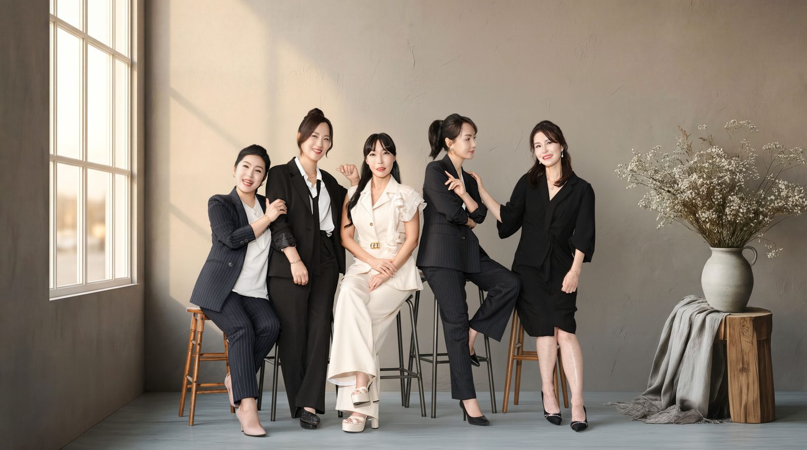 바 스툴에 걸터앉은 수트 단체 컷 — 김스튜디오