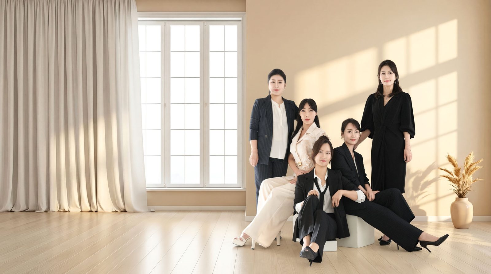 창가 빛 아래 나란히 앉은 수트 컷 — 김스튜디오